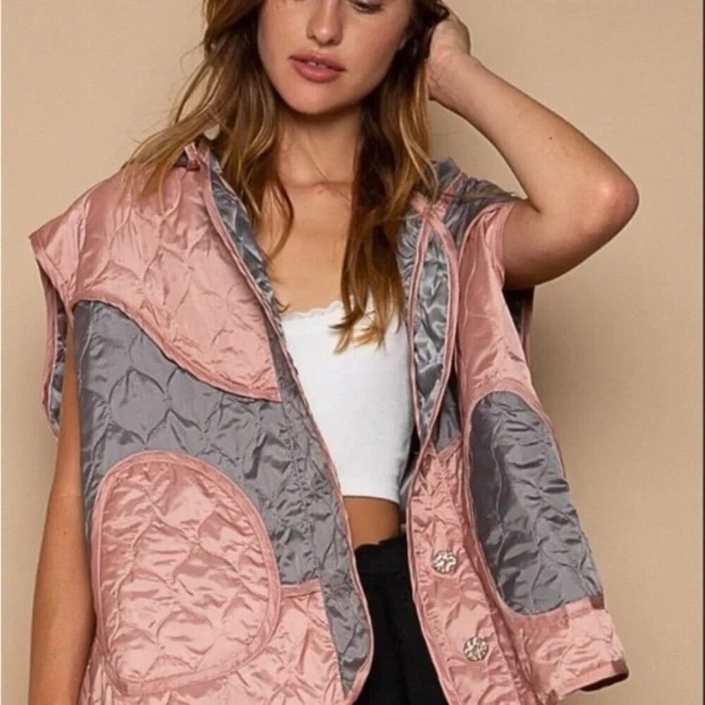 POL Quilted Pink & Gray Lightweight Vest Removable Hood Oversized Fit NWOT S/M